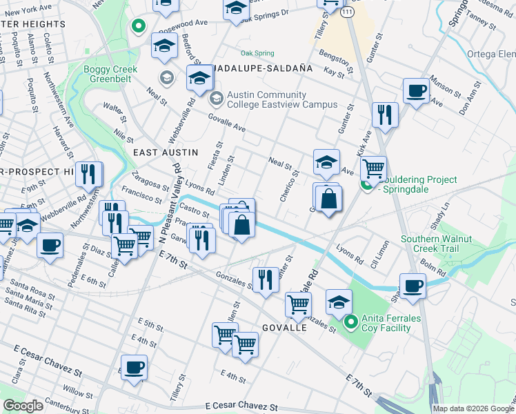 map of restaurants, bars, coffee shops, grocery stores, and more near 850 Tillery Street in Austin