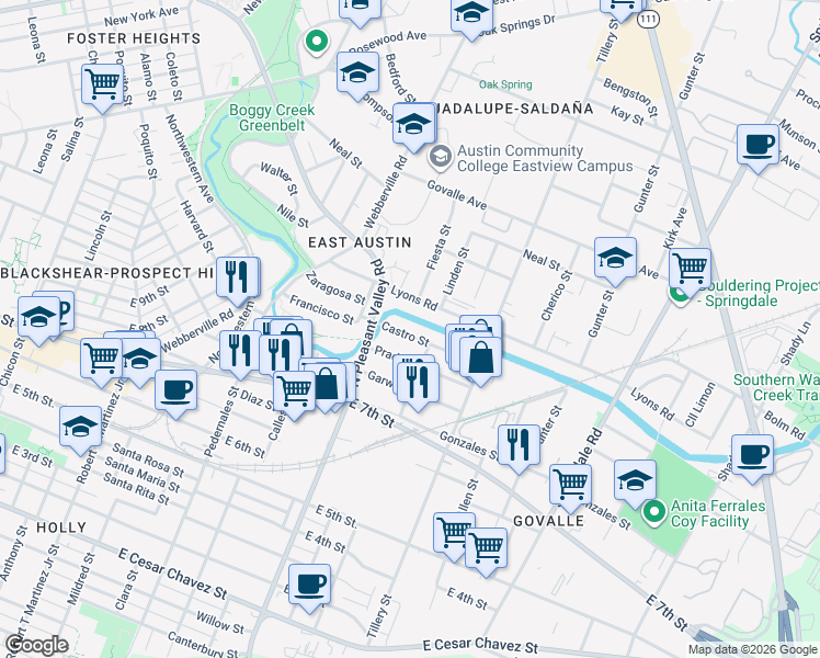map of restaurants, bars, coffee shops, grocery stores, and more near 2904 Castro Street in Austin