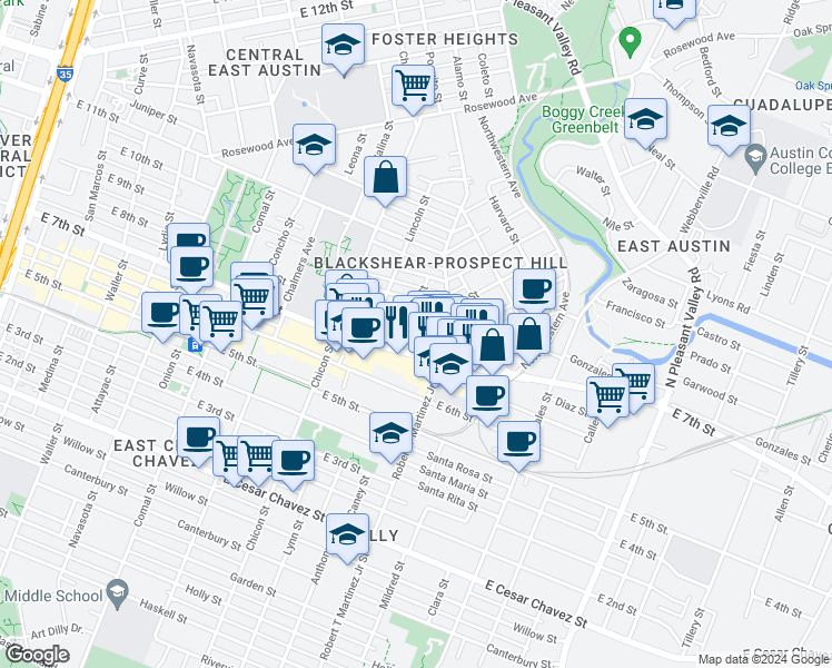 map of restaurants, bars, coffee shops, grocery stores, and more near 2103 East 8th Street in Austin