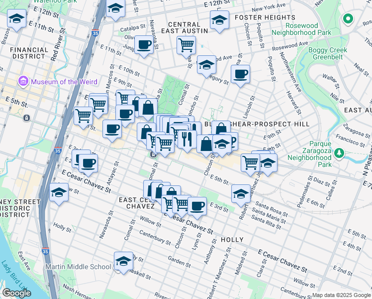 map of restaurants, bars, coffee shops, grocery stores, and more near 1648 East 6th Street in Austin