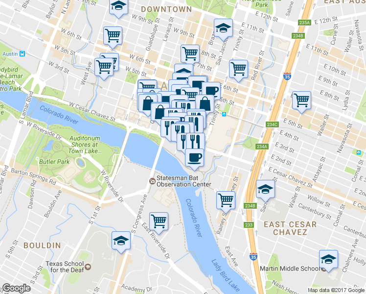 map of restaurants, bars, coffee shops, grocery stores, and more near 98 San Jacinto Boulevard in Austin