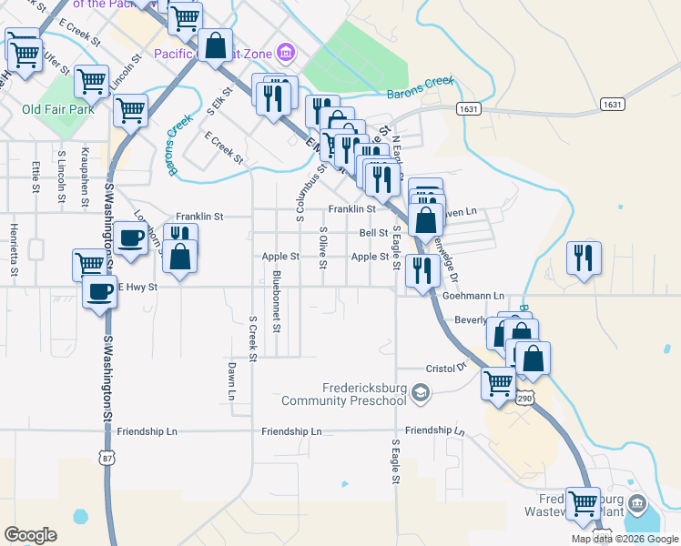 map of restaurants, bars, coffee shops, grocery stores, and more near 510 S Mesquite St in Fredericksburg