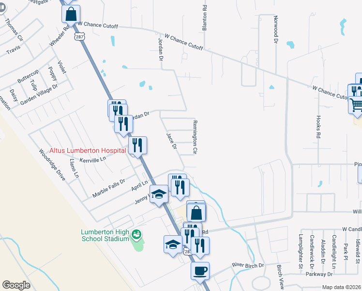 map of restaurants, bars, coffee shops, grocery stores, and more near 103 Dillons Way in Lumberton