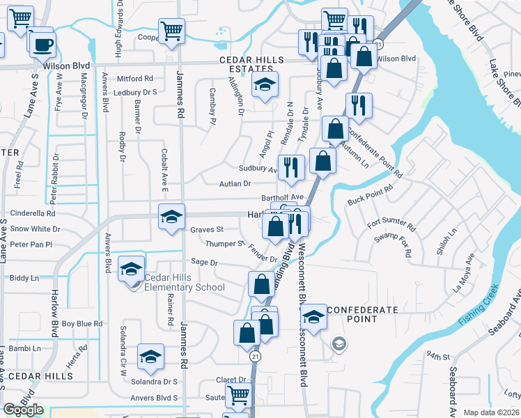map of restaurants, bars, coffee shops, grocery stores, and more near 6123 Harlow Boulevard in Jacksonville