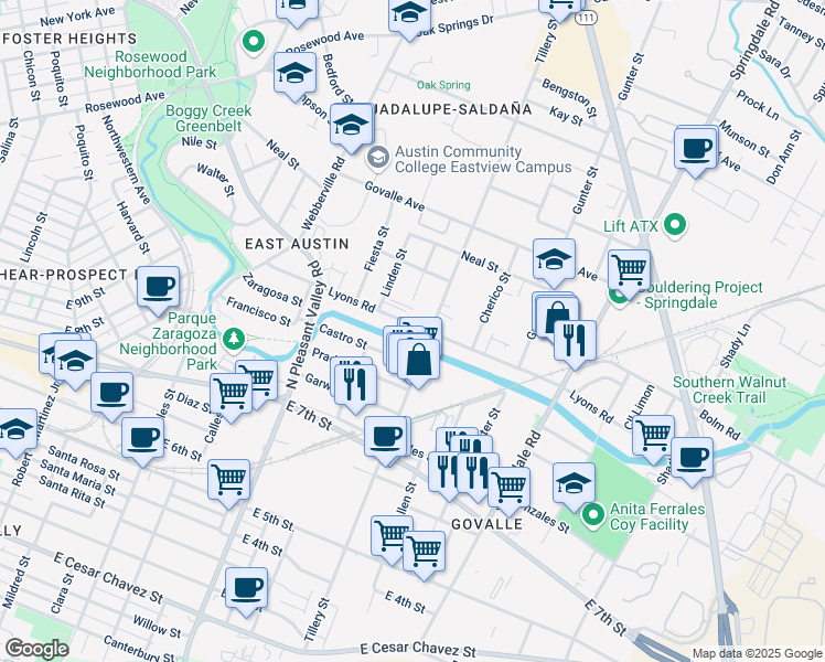 map of restaurants, bars, coffee shops, grocery stores, and more near 850 Tillery Street in Austin