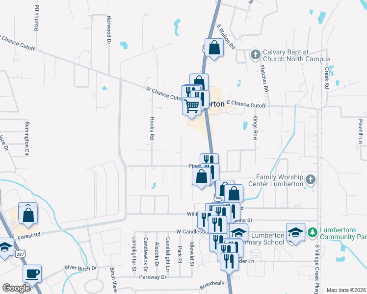 map of restaurants, bars, coffee shops, grocery stores, and more near 120 South Rustic Ln in Lumberton