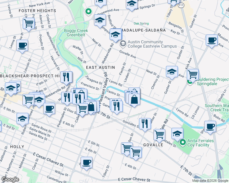 map of restaurants, bars, coffee shops, grocery stores, and more near 2904 Castro Street in Austin