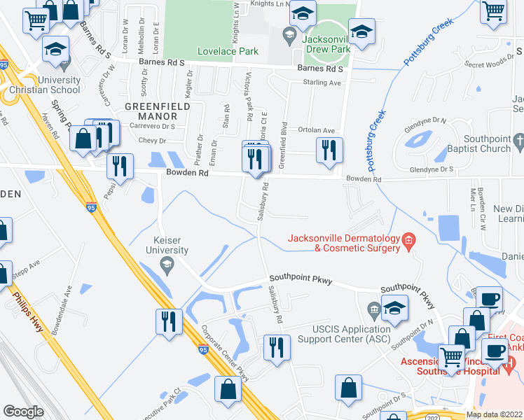 map of restaurants, bars, coffee shops, grocery stores, and more near 3585 Salisbury Rd in Jacksonville