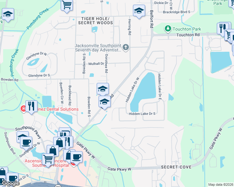 map of restaurants, bars, coffee shops, grocery stores, and more near 3402 Secret Cove Place in Jacksonville