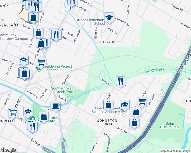 map of restaurants, bars, coffee shops, grocery stores, and more near 5401 Stuart Circle in Austin