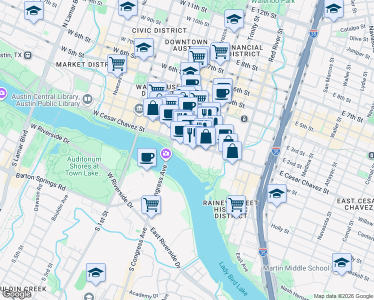 map of restaurants, bars, coffee shops, grocery stores, and more near 52 Brazos Street in Austin