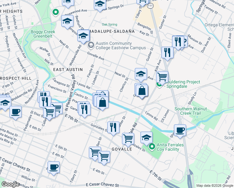 map of restaurants, bars, coffee shops, grocery stores, and more near 906 Cherico Street in Austin