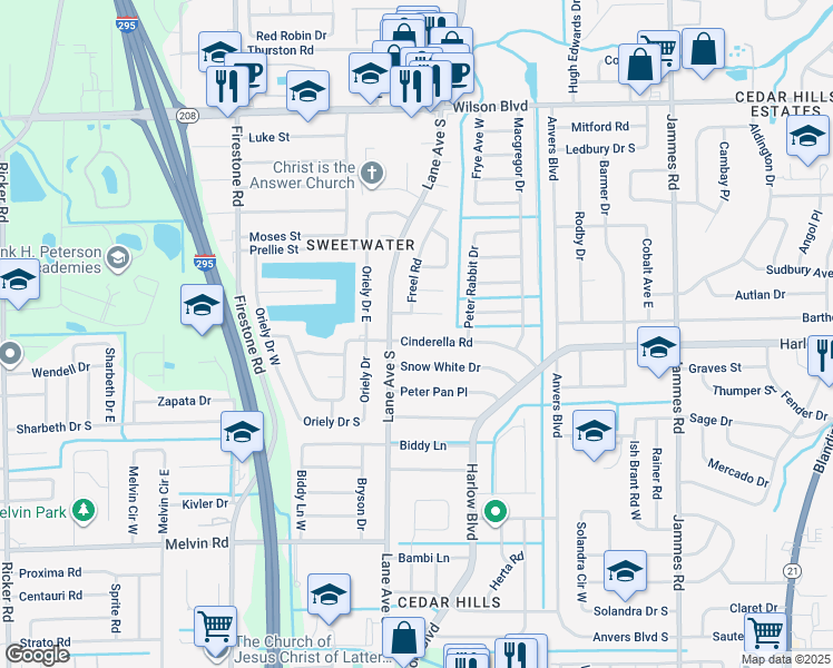 map of restaurants, bars, coffee shops, grocery stores, and more near 6863 Cinderella Road in Jacksonville