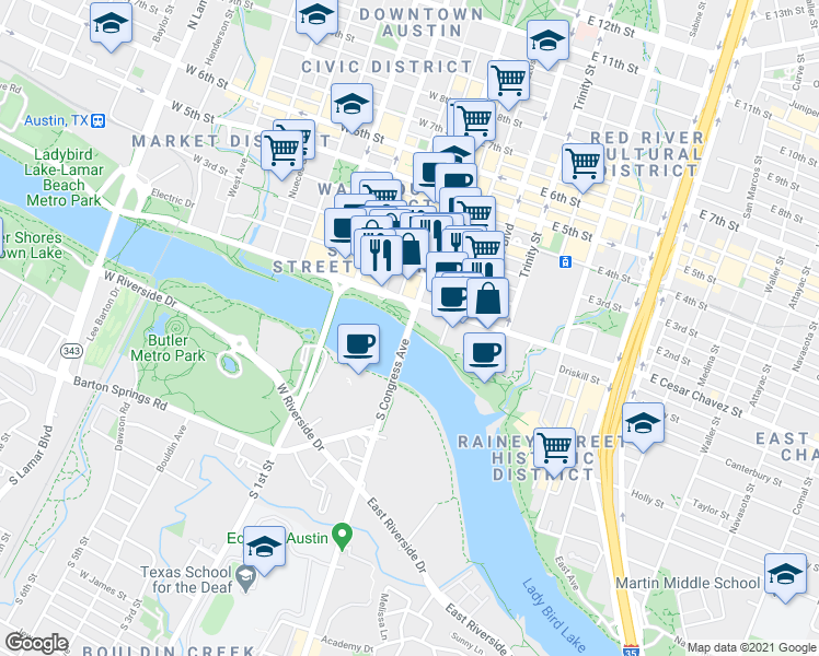 map of restaurants, bars, coffee shops, grocery stores, and more near 1 Congress Avenue in Austin