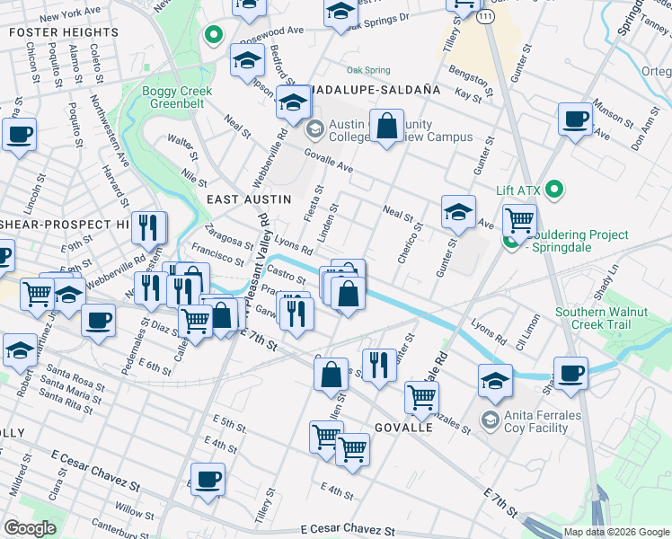 map of restaurants, bars, coffee shops, grocery stores, and more near 3007 1/2 Lyons Road in Austin