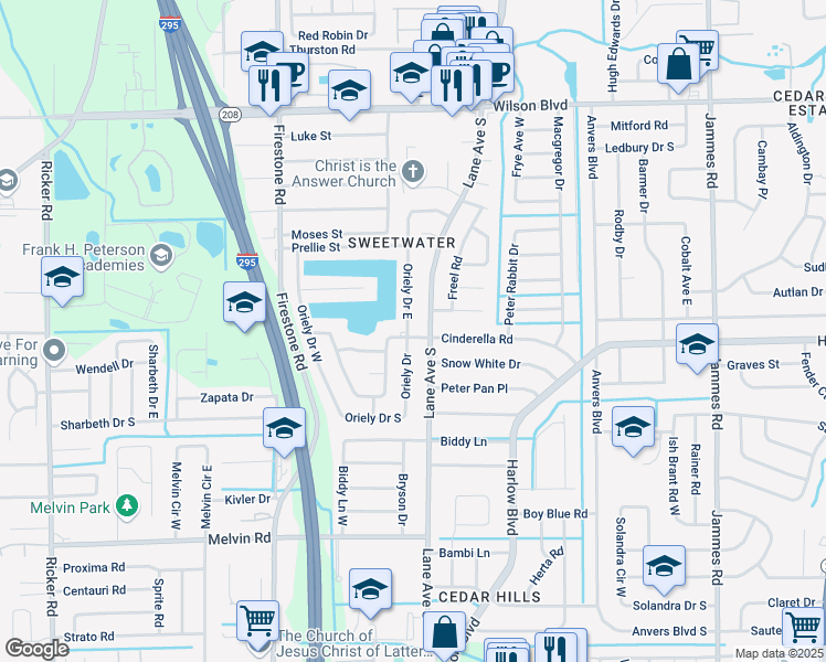 map of restaurants, bars, coffee shops, grocery stores, and more near 4033 Oriely Drive in Jacksonville