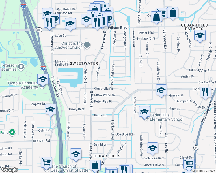 map of restaurants, bars, coffee shops, grocery stores, and more near 6817 Cinderella Rd in Jacksonville