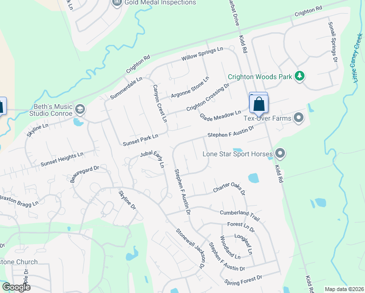 map of restaurants, bars, coffee shops, grocery stores, and more near 542 Cane River Lane in Conroe
