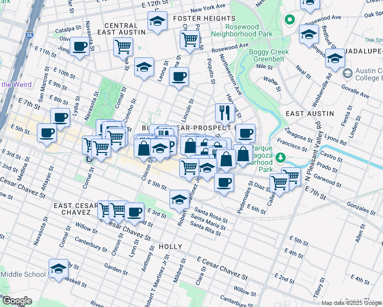 map of restaurants, bars, coffee shops, grocery stores, and more near 2103 East 8th Street in Austin