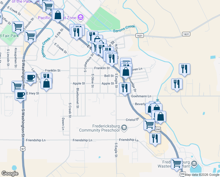 map of restaurants, bars, coffee shops, grocery stores, and more near 507 S Pear St in Fredericksburg