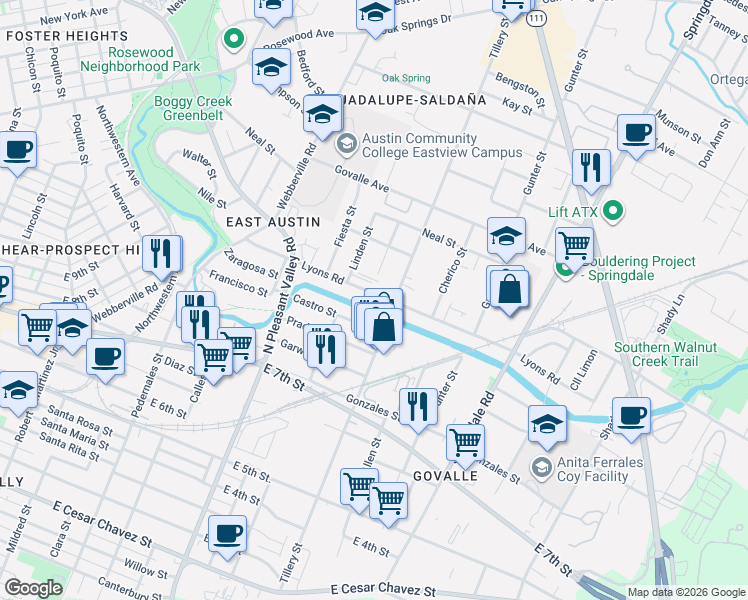 map of restaurants, bars, coffee shops, grocery stores, and more near 3107 Lyons Road in Austin
