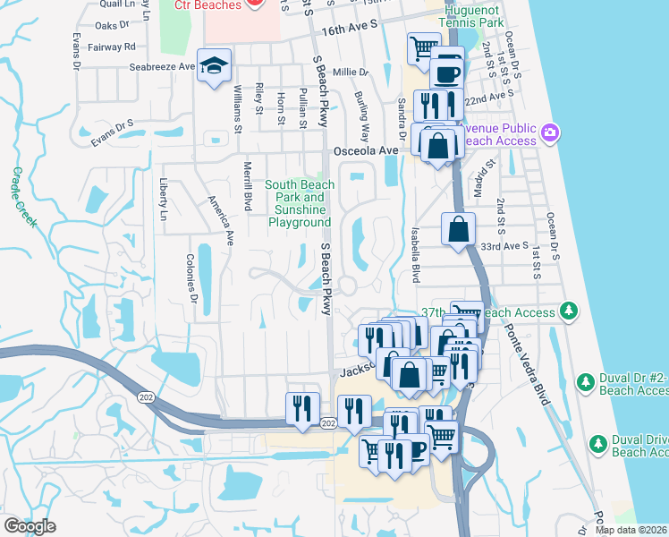 map of restaurants, bars, coffee shops, grocery stores, and more near 3376 Antigua Drive in Jacksonville Beach