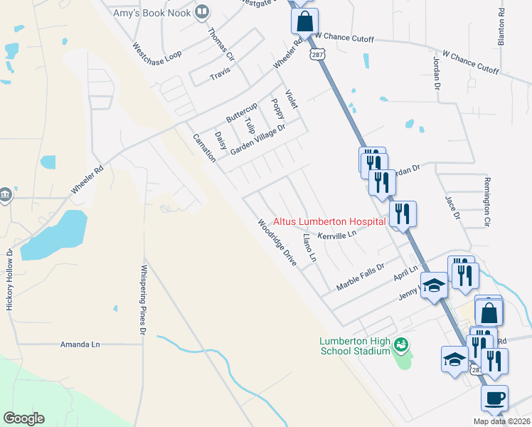 map of restaurants, bars, coffee shops, grocery stores, and more near 6415 Kerrville Lane in Lumberton