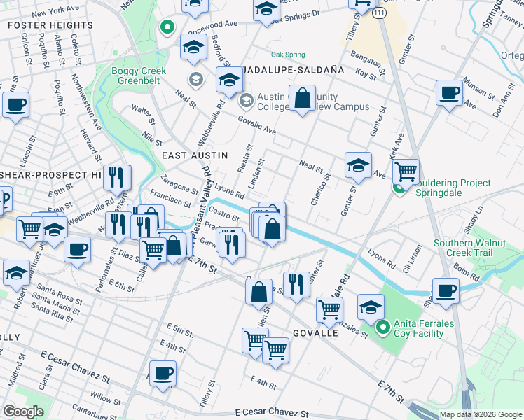 map of restaurants, bars, coffee shops, grocery stores, and more near 3007 1/2 Lyons Road in Austin