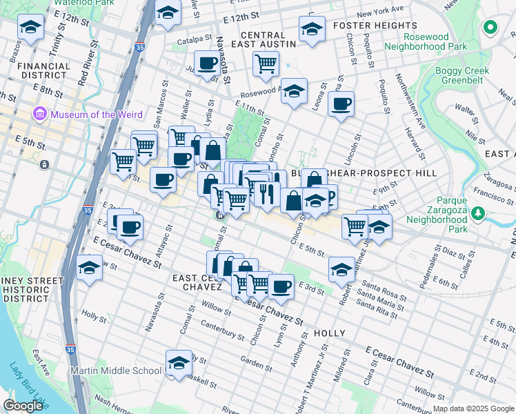map of restaurants, bars, coffee shops, grocery stores, and more near 1648 East 6th Street in Austin