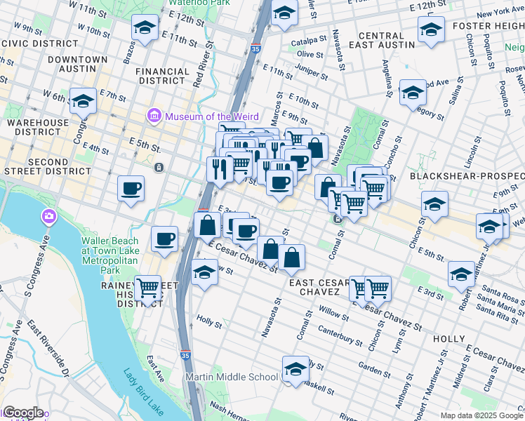 map of restaurants, bars, coffee shops, grocery stores, and more near 1101 East 4th Street in Austin