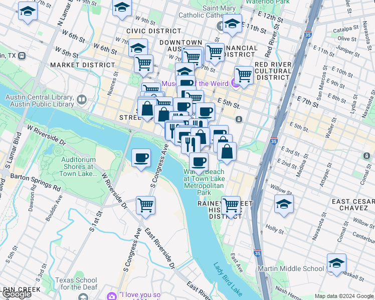 map of restaurants, bars, coffee shops, grocery stores, and more near 98 San Jacinto Boulevard in Austin