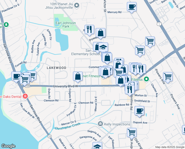 map of restaurants, bars, coffee shops, grocery stores, and more near 5617 Graywood Road in Jacksonville