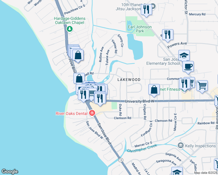 map of restaurants, bars, coffee shops, grocery stores, and more near 5525 Auburn Road in Jacksonville