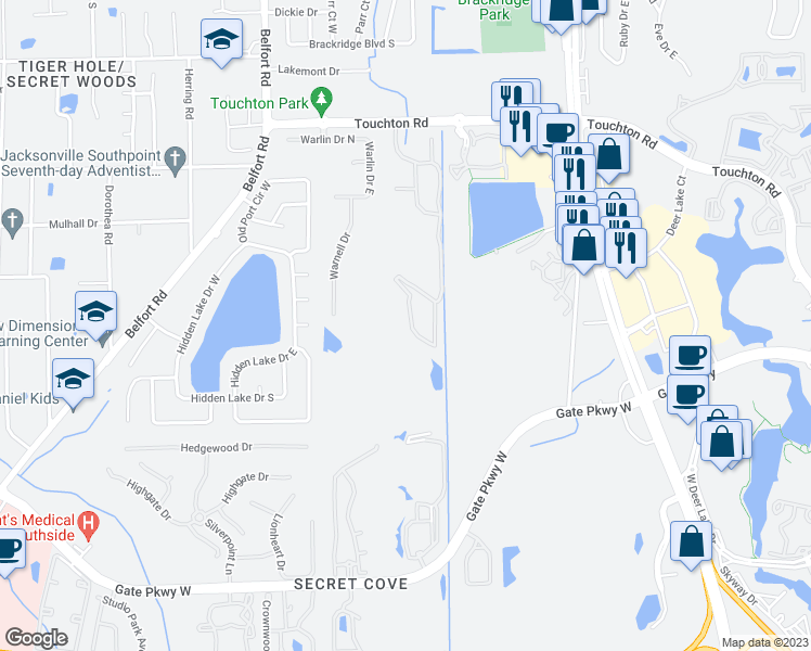map of restaurants, bars, coffee shops, grocery stores, and more near 3552 Twisted Tree Lane in Jacksonville