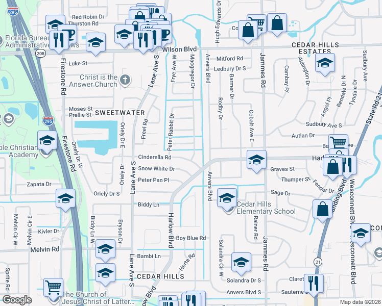 map of restaurants, bars, coffee shops, grocery stores, and more near 6725 Cinderella Road in Jacksonville