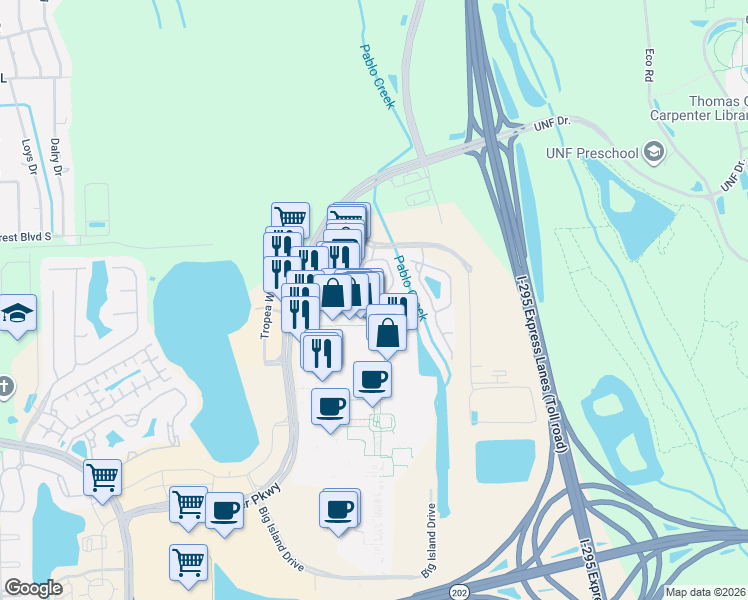 map of restaurants, bars, coffee shops, grocery stores, and more near 4485 Ellipse Drive in Jacksonville