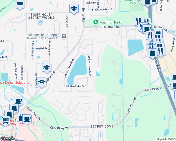 map of restaurants, bars, coffee shops, grocery stores, and more near 3308 Hidden Lake Drive East in Jacksonville