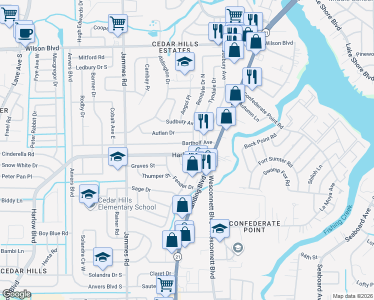 map of restaurants, bars, coffee shops, grocery stores, and more near 6123 Harlow Boulevard in Jacksonville