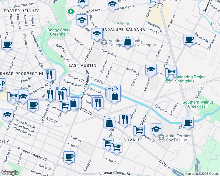 map of restaurants, bars, coffee shops, grocery stores, and more near 3007 1/2 Lyons Road in Austin