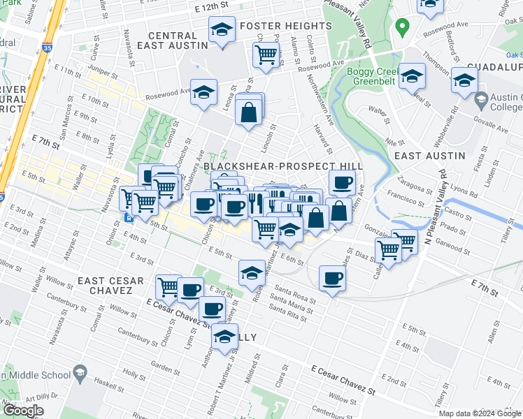 map of restaurants, bars, coffee shops, grocery stores, and more near 2103 East 8th Street in Austin