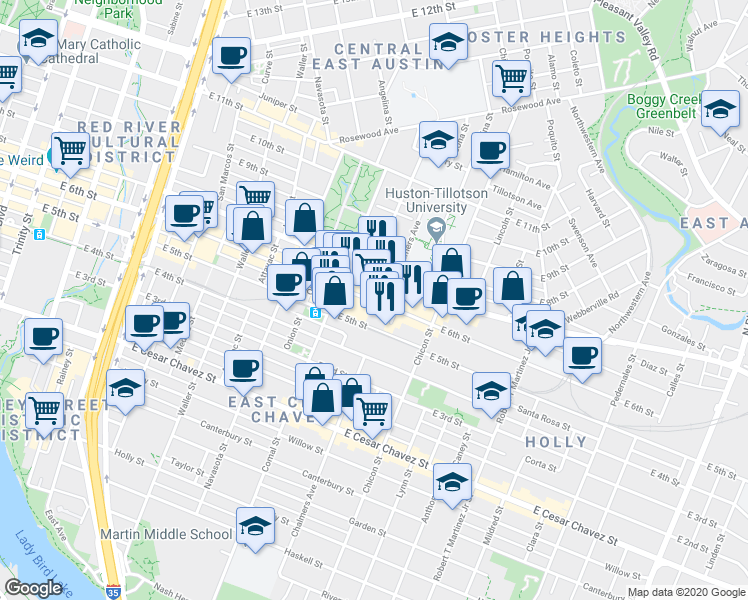 map of restaurants, bars, coffee shops, grocery stores, and more near 1648 East 6th Street in Austin