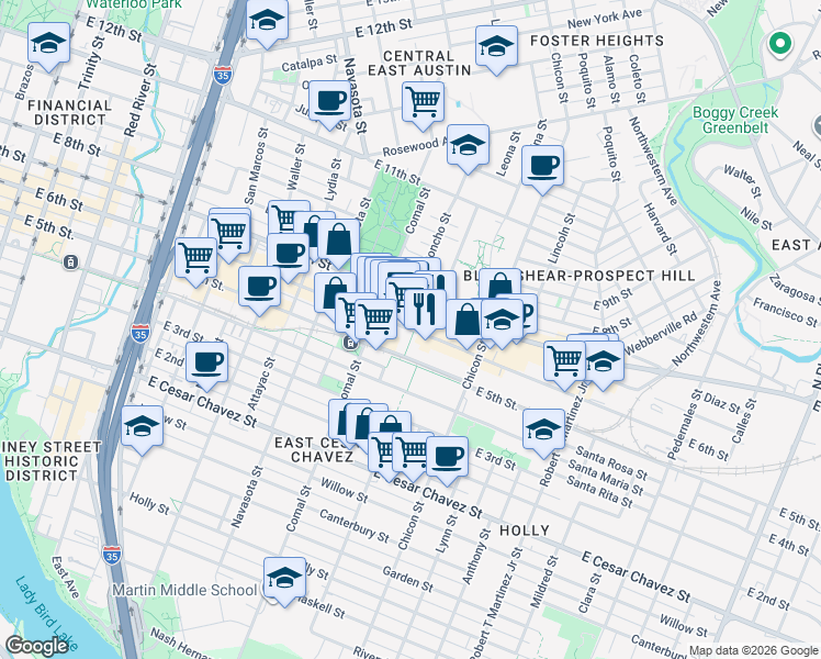 map of restaurants, bars, coffee shops, grocery stores, and more near 1648 East 6th Street in Austin