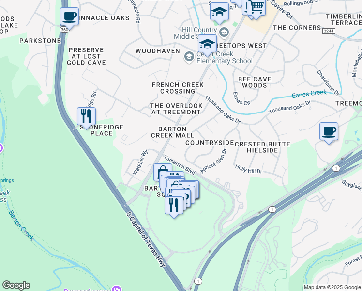 map of restaurants, bars, coffee shops, grocery stores, and more near 3204 Twinberry Cove in Austin