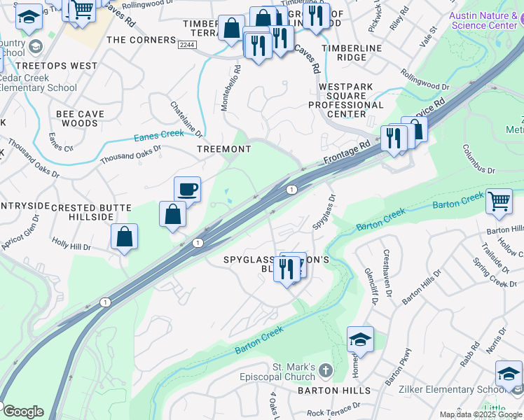 map of restaurants, bars, coffee shops, grocery stores, and more near 2050 Barton Skyway in Austin