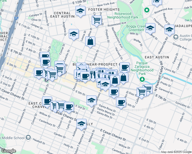 map of restaurants, bars, coffee shops, grocery stores, and more near 2017 East 8th Street in Austin