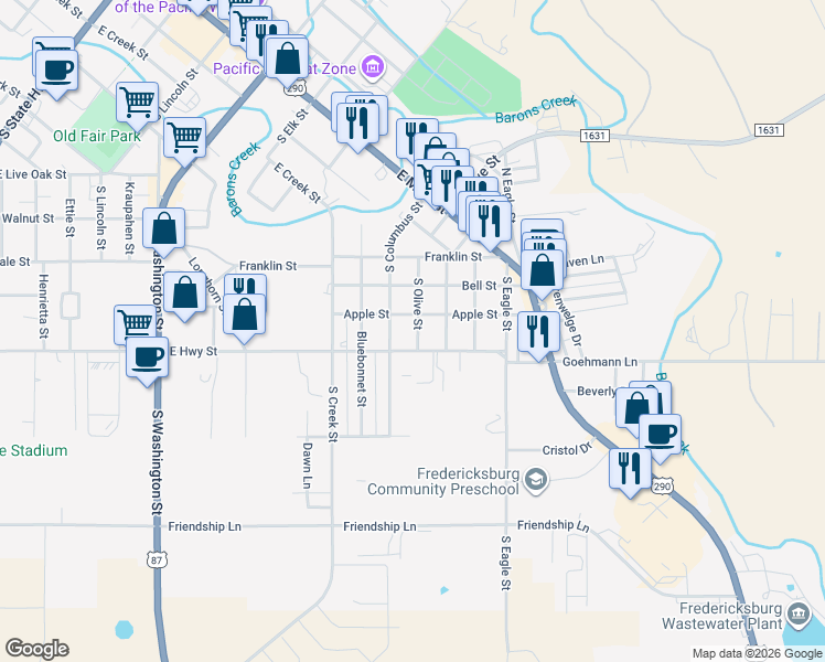 map of restaurants, bars, coffee shops, grocery stores, and more near 508 South Olive Street in Fredericksburg