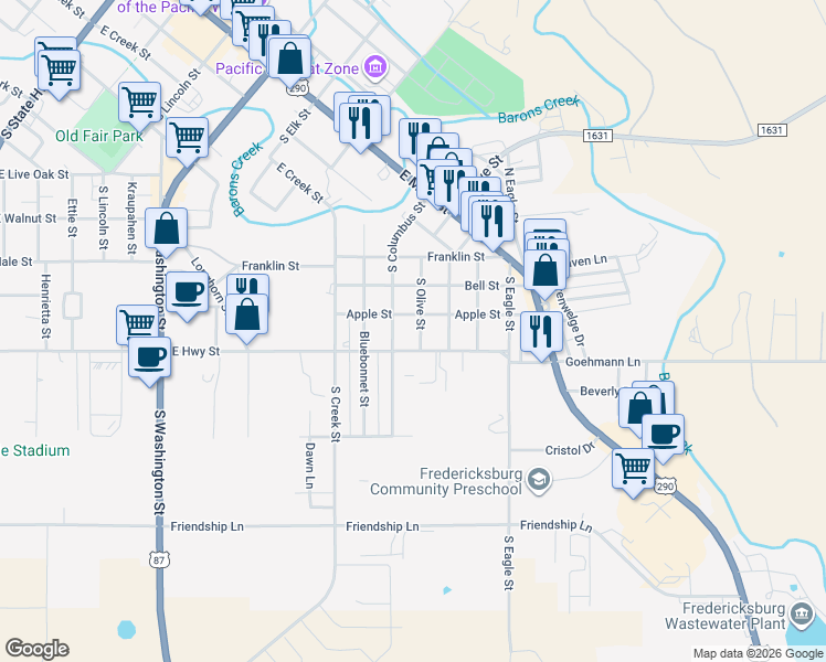map of restaurants, bars, coffee shops, grocery stores, and more near 508 South Olive Street in Fredericksburg