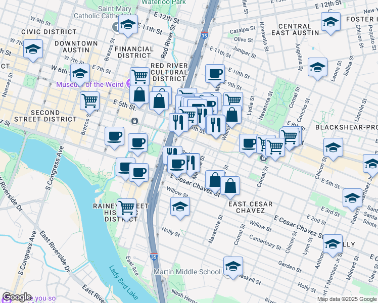 map of restaurants, bars, coffee shops, grocery stores, and more near 918 East 3rd Street in Austin