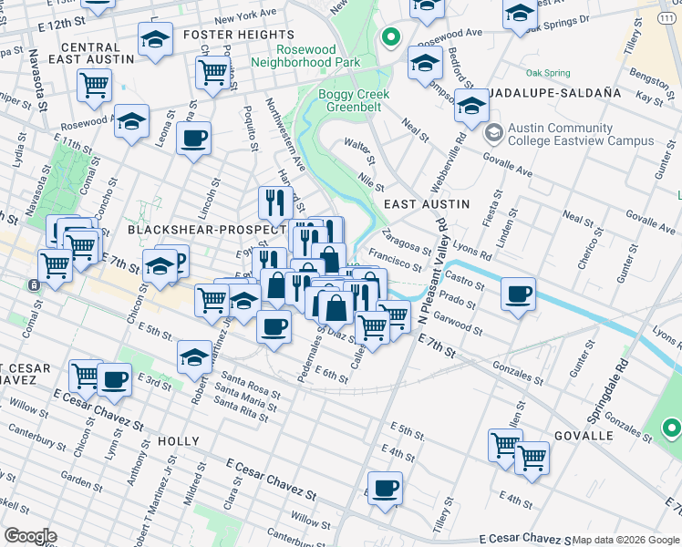 map of restaurants, bars, coffee shops, grocery stores, and more near 742 Pedernales Street in Austin