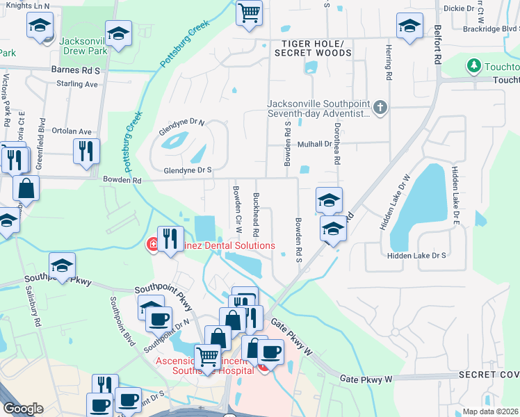 map of restaurants, bars, coffee shops, grocery stores, and more near 7414 Bowden Circle North in Jacksonville